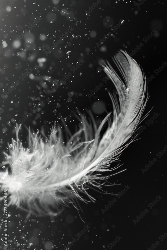 Poster a delicate white feather floating in mid-air. ideal for nature or tranquility concepts