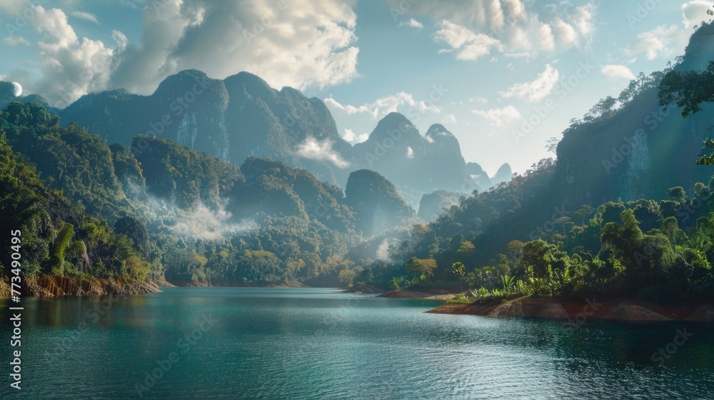 Poster scenic view of a river with majestic mountains in the background. perfect for nature and travel conc