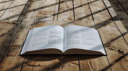 An open book laying on a wooden floor. Suitable for educational and reading concepts - obrazy, fototapety, plakaty