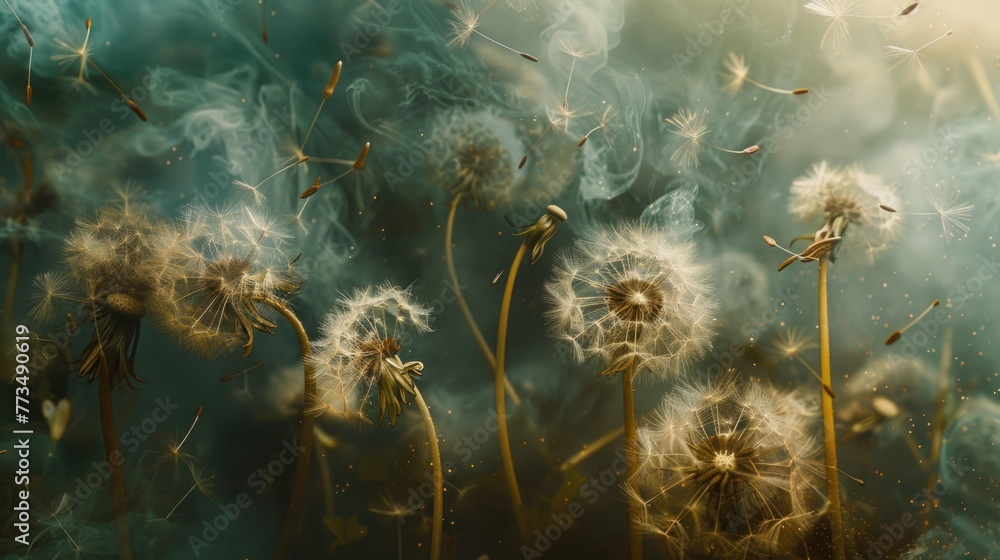 Poster a bunch of dandelions blowing in the wind, suitable for nature and spring concepts