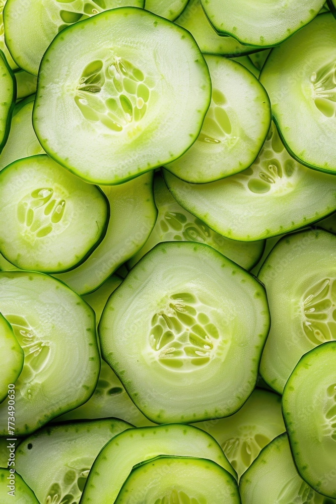 Poster freshly sliced cucumbers arranged in a neat pile. perfect for food and healthy eating concepts