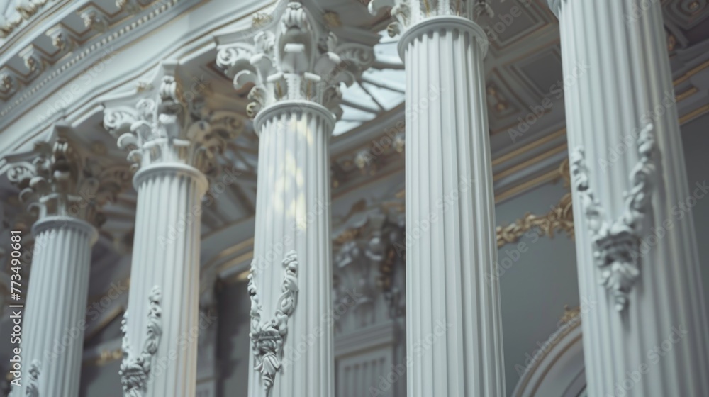 Fototapete Close up of a building with columns and a clock, suitable for architectural and time-related concepts
