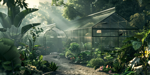 Greenhouses in an enchanted garden, surrounded lush foliage and exotic plants, with rays of sunlight filtering through the glass, creating a magical atmosphere
