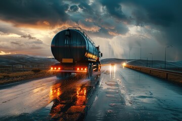 A large tanker truck driving down a wet road. Suitable for transportation and logistics concepts - obrazy, fototapety, plakaty
