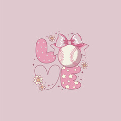 cute coquette style illustration of the word love with a baseball