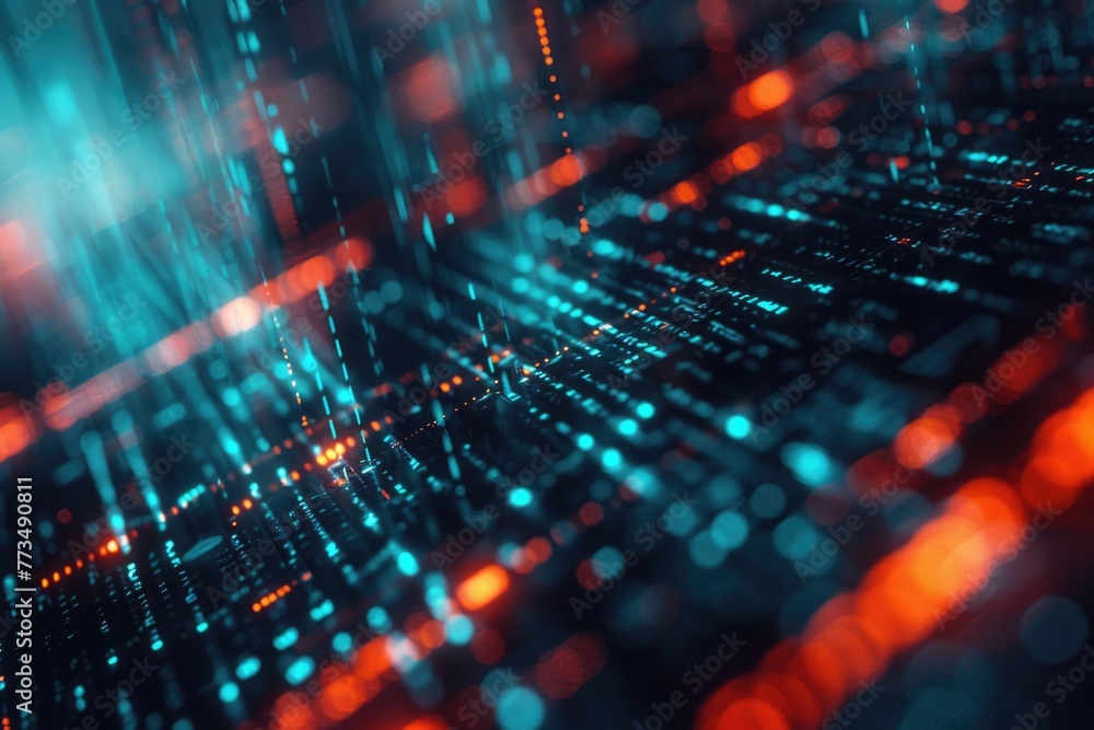 Poster close up of a computer keyboard covered in blue and orange lights. suitable for technology concepts