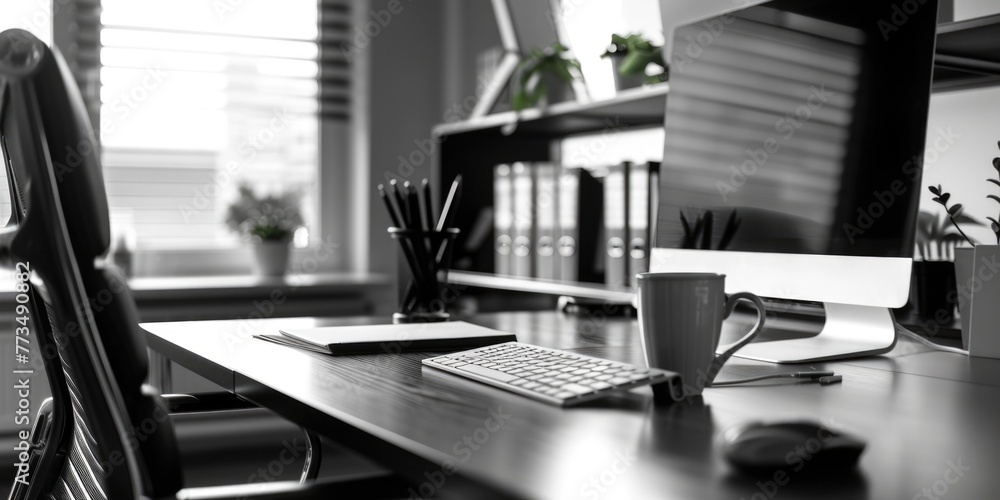 Poster A black and white photo of a desk with computer accessories. Suitable for technology and office concepts
