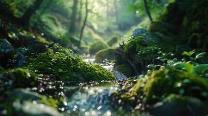 Tranquil stream flowing through vibrant forest. Ideal for nature-themed designs