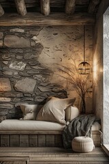 A room featuring a stone wall and a comfortable couch. Suitable for interior design concepts