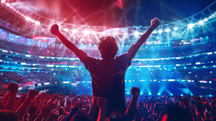 a celebratory moment in a crowded stadium. A person stands at the center, arms raised in triumph - obrazy, fototapety, plakaty
