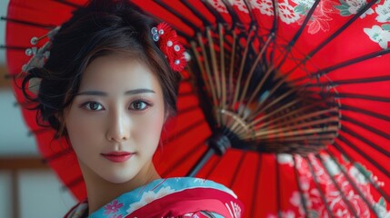 A woman in a traditional kimono holding a vibrant red umbrella. Suitable for cultural and fashion concepts