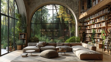 Scandinavian minimalist library with large windows and cozy reading nooks surrounded by nature - obrazy, fototapety, plakaty