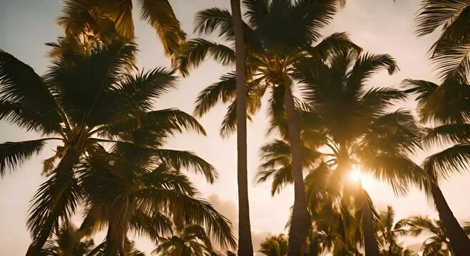 Tropical palm trees blowing in the wind at sunset.