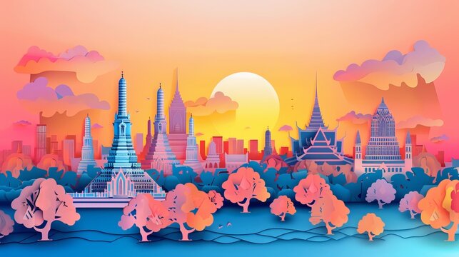 A panoramic representation of Bangkok, Thailand, featuring its temple, city skyline, and renowned landmarks, presented in a paper cut-style vector illustration.





