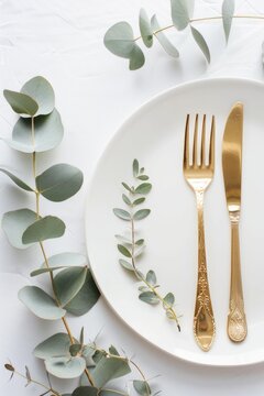 A white plate with a gold fork and knife. Perfect for culinary concepts