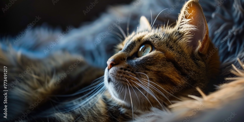 Poster close up of a cat resting on a soft blanket. suitable for pet lovers and animal themes