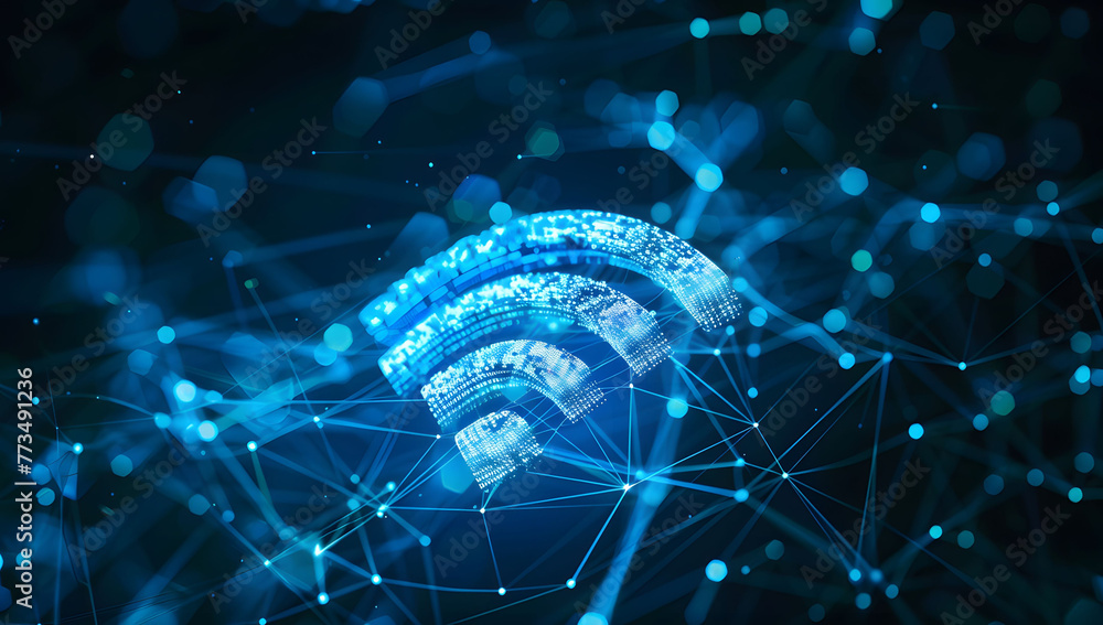 Poster blue digital wireless network icon with abstract connection lines on a dark background. abstract dig