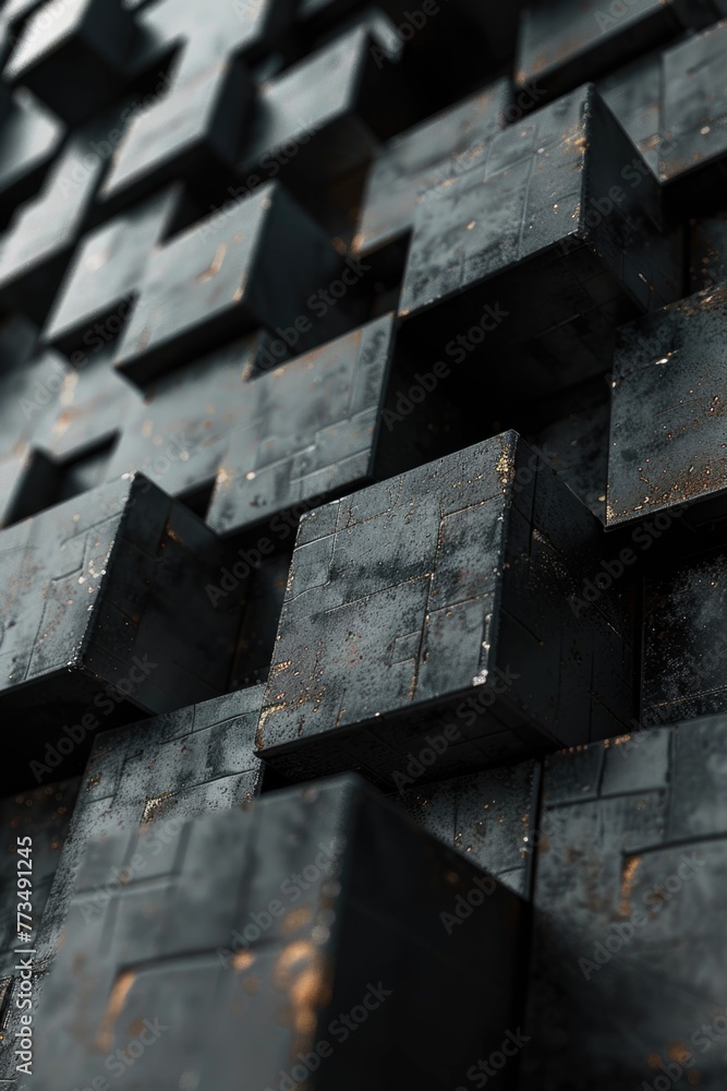 Poster Detailed view of a building constructed with black blocks, suitable for architectural or construction concepts