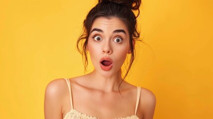 beautiful woman with surprised face on bright yellow background in high resolution and quality. concept portrait of woman, surprised, amazed - obrazy, fototapety, plakaty