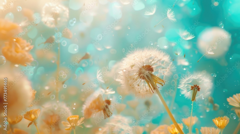 Poster a bunch of dandelions blowing in the wind, suitable for nature and spring concepts
