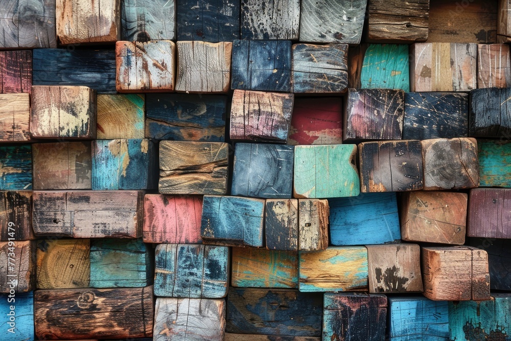 Poster a close-up image of wooden blocks. suitable for educational and construction concepts