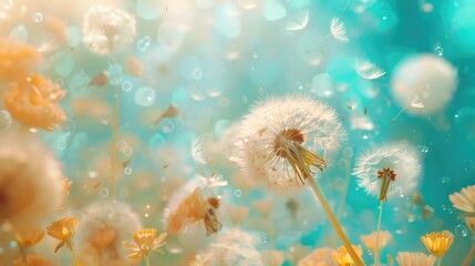 A bunch of dandelions blowing in the wind, suitable for nature and spring concepts