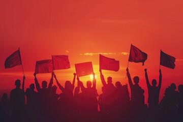 Group of people holding up flags during sunset. Perfect for patriotic and celebratory concepts - obrazy, fototapety, plakaty