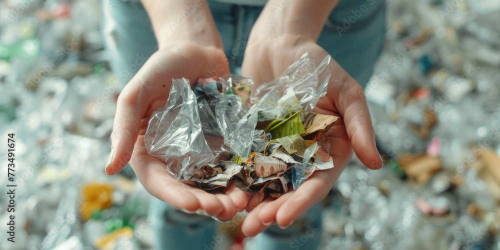 Poster A person holding a bunch of garbage. Suitable for environmental concepts