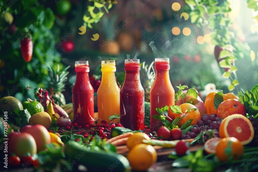 Poster a group of juice bottles on a table, perfect for food and beverage concepts