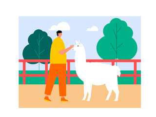Obraz premium Visitor visiting llama at the zoo. Zoo vector illustration
