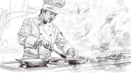 Chef cooking in a professional kitchen, suitable for culinary concepts