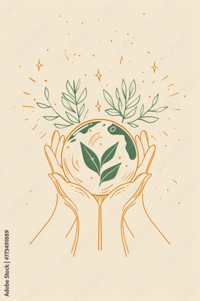 Poster Hands holding a globe with a plant growing out of it, ideal for environmental concepts