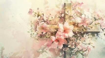 A beautiful painting of a cross with flowers, suitable for religious themes or memorial designs