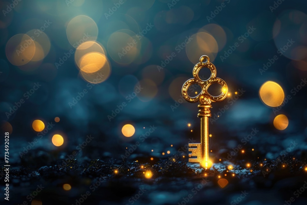 Poster a golden key resting on a sleek black surface. ideal for concepts of access, security, and solutions