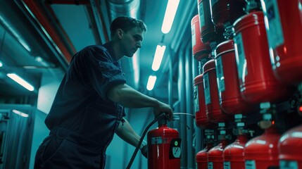A man is seen working on a fire extinguisher. Useful for safety and maintenance concepts