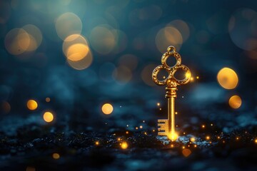 A golden key resting on a sleek black surface. Ideal for concepts of access, security, and solutions - obrazy, fototapety, plakaty