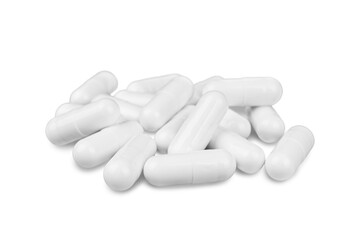 Heap of  white medicine pill capsules isolated on white, transparent background. Pile of...