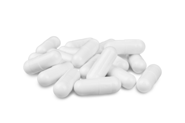 Heap of  white medicine pill capsules isolated on white, transparent background. Pile of antibiotics, supplement, vitamin, healthcare concept, pharmaceutical medicine