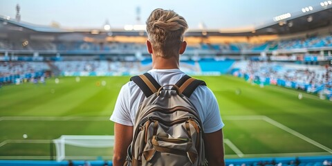 
A man looks at the football field at the stadium. A guy with a fashionable hairstyle stands with his back to the camera.
Concept: Sports events and fans, active recreation, football matches