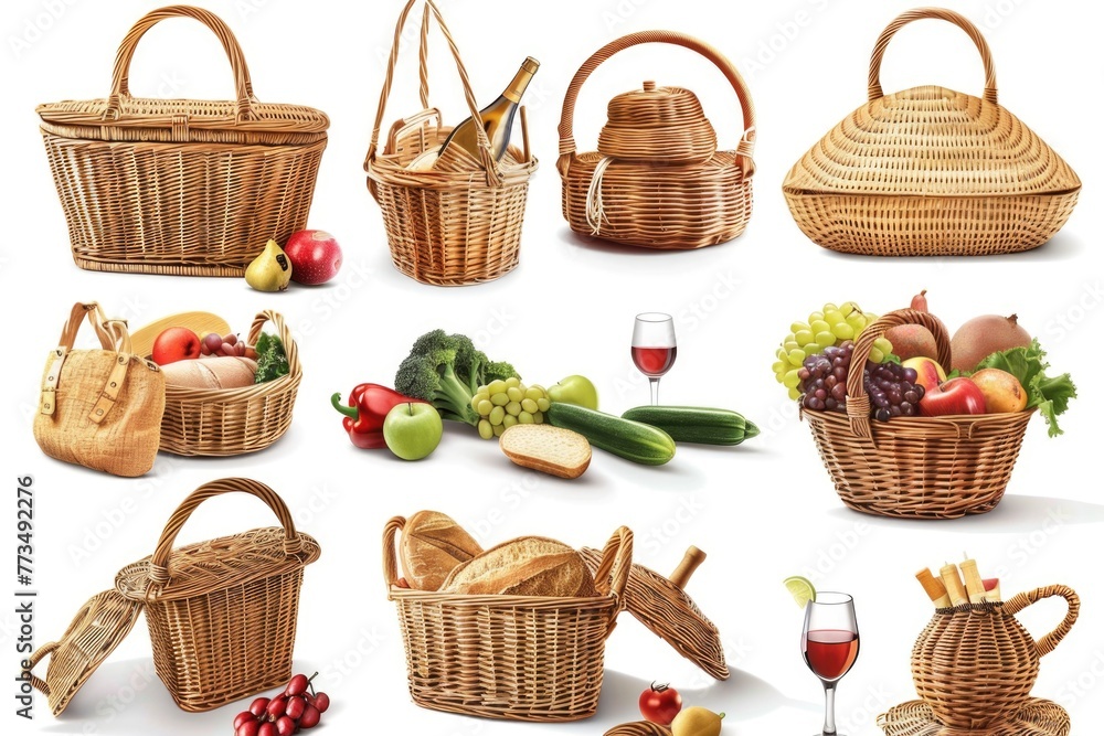 Aufkleber collection of wicker baskets showcasing different types of food. perfect for food and picnic concept