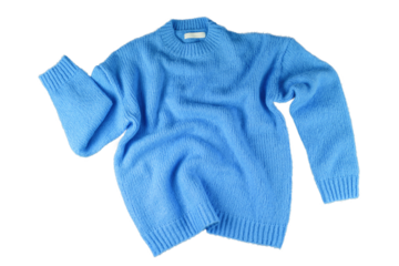 Blue flying crumpled women's autumn knitted sweater isolated on white, transparent background. Creative clothing concept, trendy cozy creasy jersey pullover. Fashion, sale, autumn discount