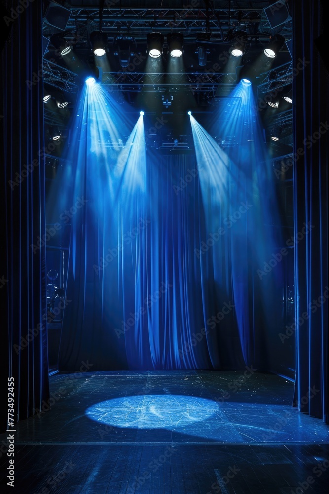 Poster a stage with blue curtains and spotlights. ideal for theatrical or performance concepts