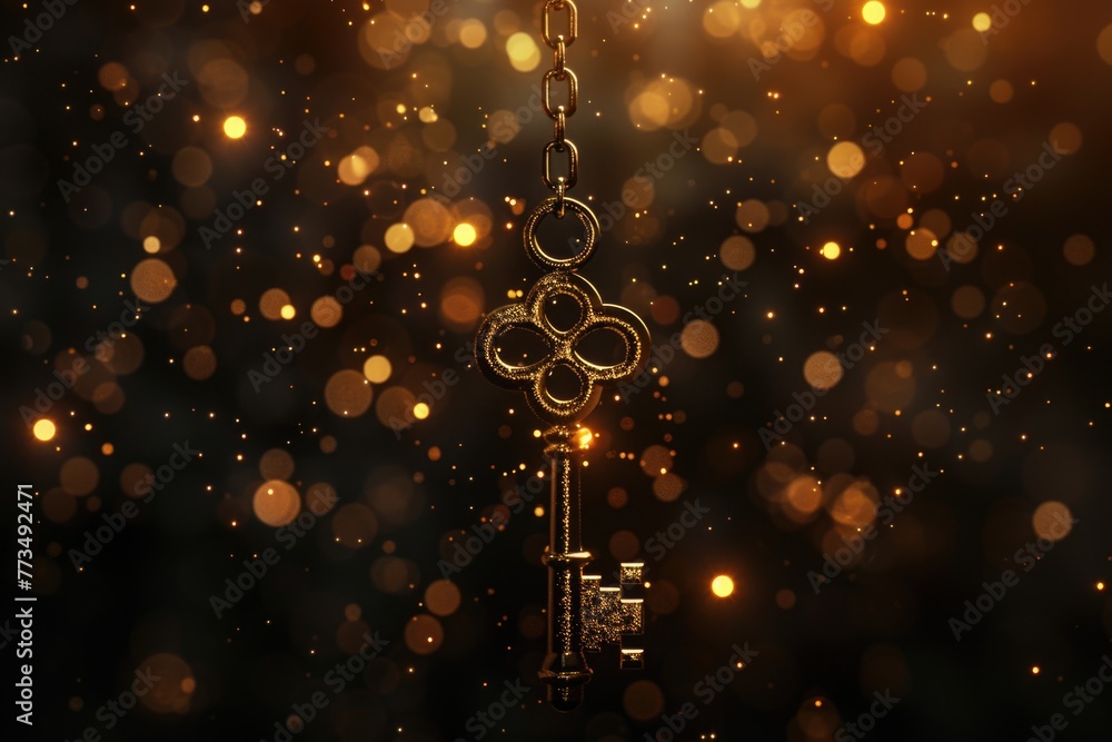 Poster A golden key hanging from a chain, perfect for concepts of security and access control