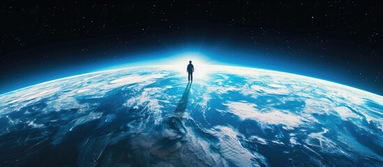 Silhouette of person at Earth's edge, photo from outer atmosphere 🌎🌌 Embracing surreal cosmic perspective #EarthSilhouette - obrazy, fototapety, plakaty