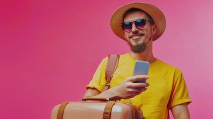 A man in a hat and sunglasses holding a suitcase and a cell phone. Suitable for business and travel concepts - Powered by Adobe