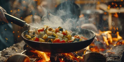 Fresh vegetables cooking on an open flame, perfect for outdoor cooking enthusiasts - obrazy, fototapety, plakaty