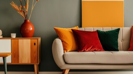 Trendy design deep retro colors of muted warm shades, soft beige sofa with multi-colored pillows...