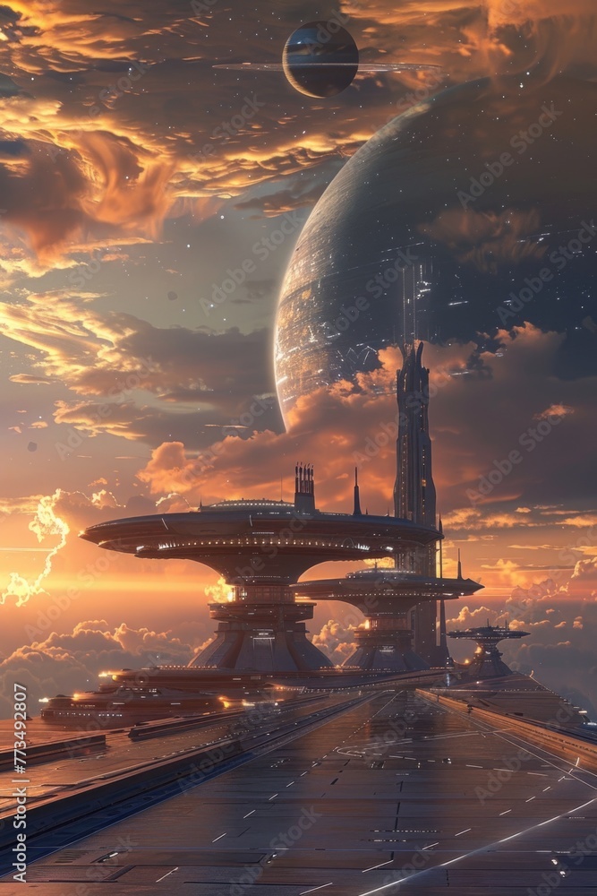 Poster a futuristic cityscape with a spaceship in the distance. suitable for science fiction themes