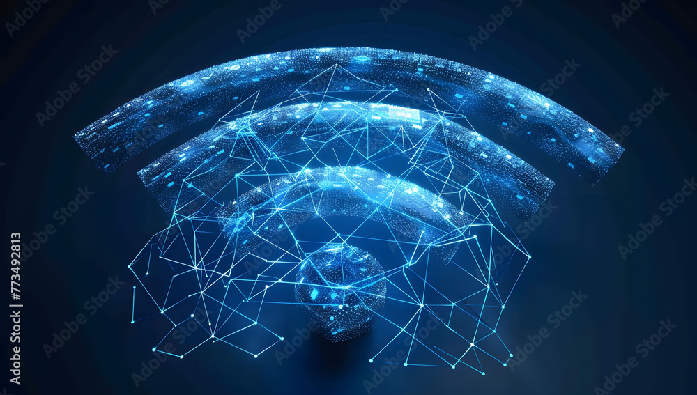 Poster blue digital wireless network icon with abstract connection lines on a dark background. abstract dig