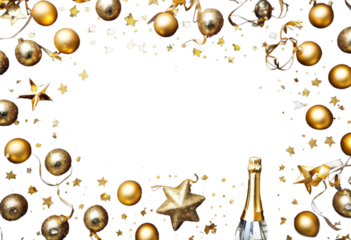golden Christmas lay Year confetti decorations Flat bottle view. balls concept black Champagne background New star festive background. card. ribbons Party holiday top champaign gift yea